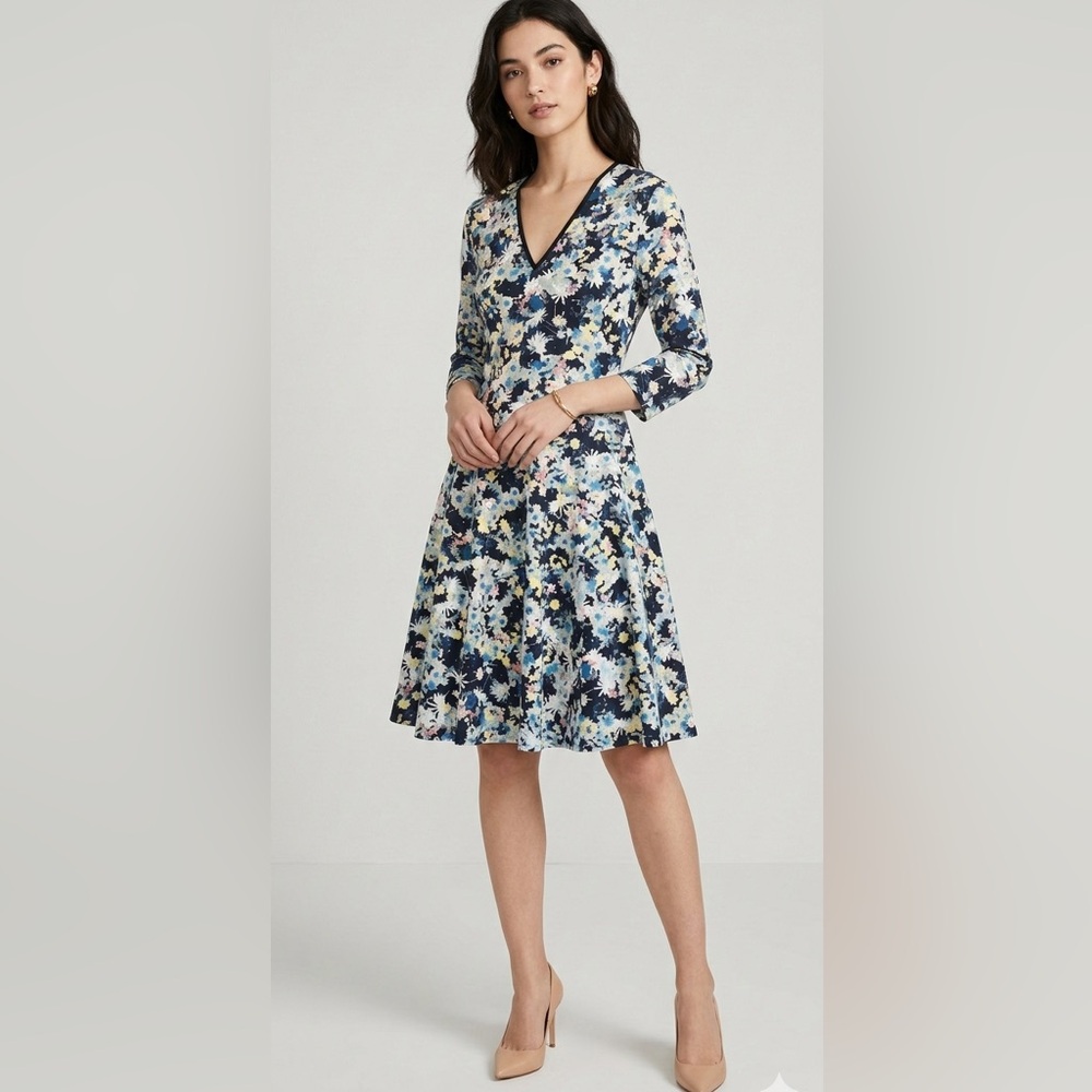 ERDEM Garden Blue Green Floral Fit Flare A Line Dress Neoprene Exposed Zip US 4